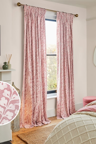 Pink Woodblock Floral Pencil Pleat Lined Curtains