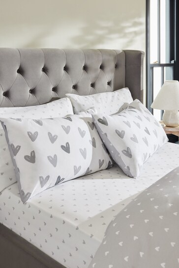 Grey Heart Printed Fitted Sheet and Pillowcase Set