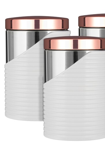 Tower Set of 3 White White And Rose Gold Canisters