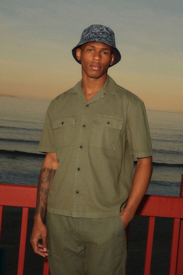 Green Linen Blend Short Sleeve Shirt with Cuban Collar
