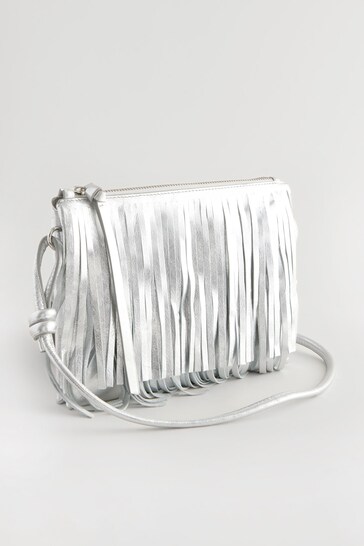 Silver Leather Fringe Western Cross-Body Bag