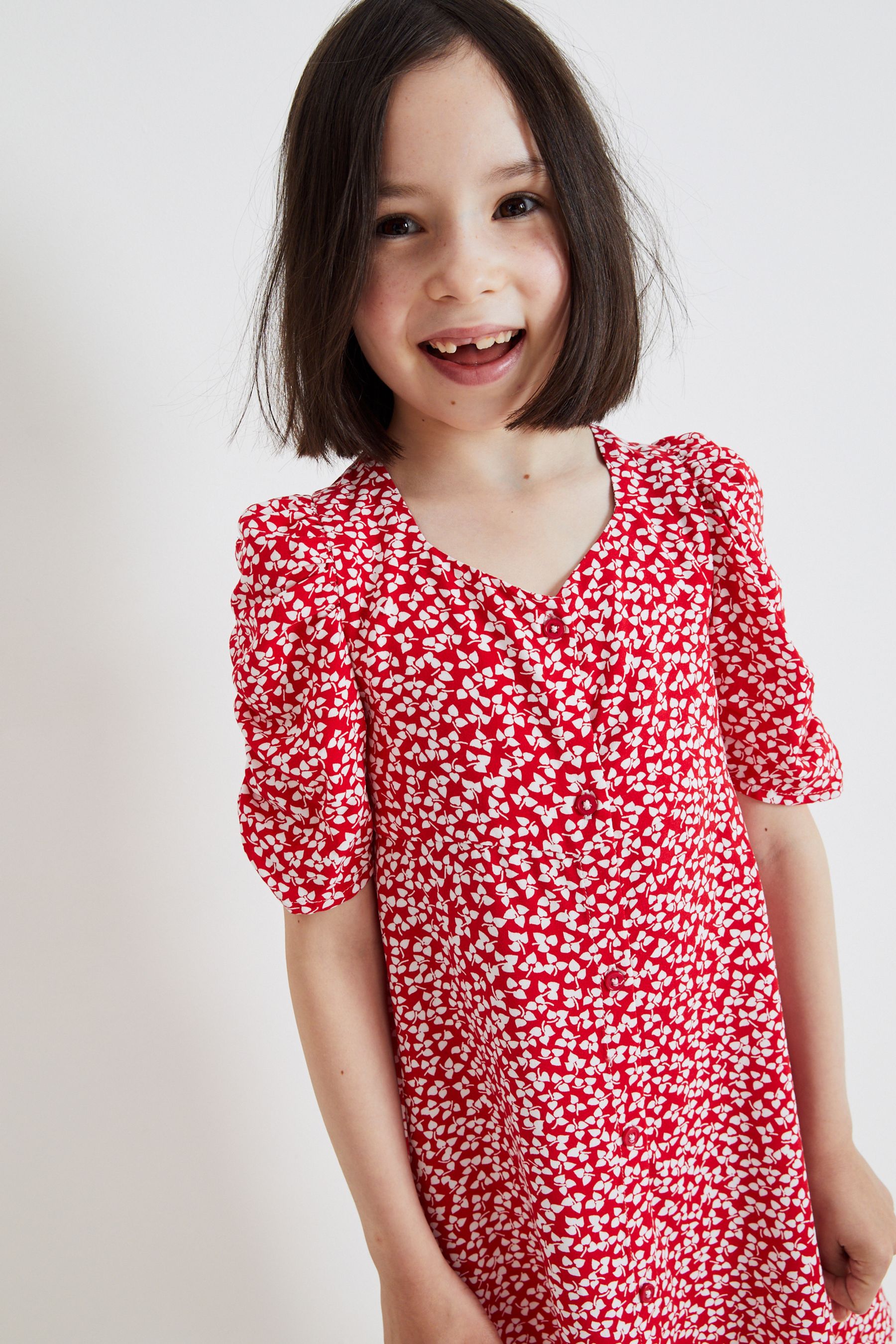 Buy Red Ditsy Ruched Sleeve Tea Dress (3-16yrs) from the Next UK online ...