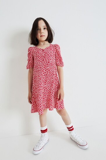 Red Ditsy Ruched Sleeve Tea Dress (3-16yrs)