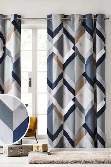 Navy Blue Overscale Marble Effect Geometric Blackout Eyelet Curtains