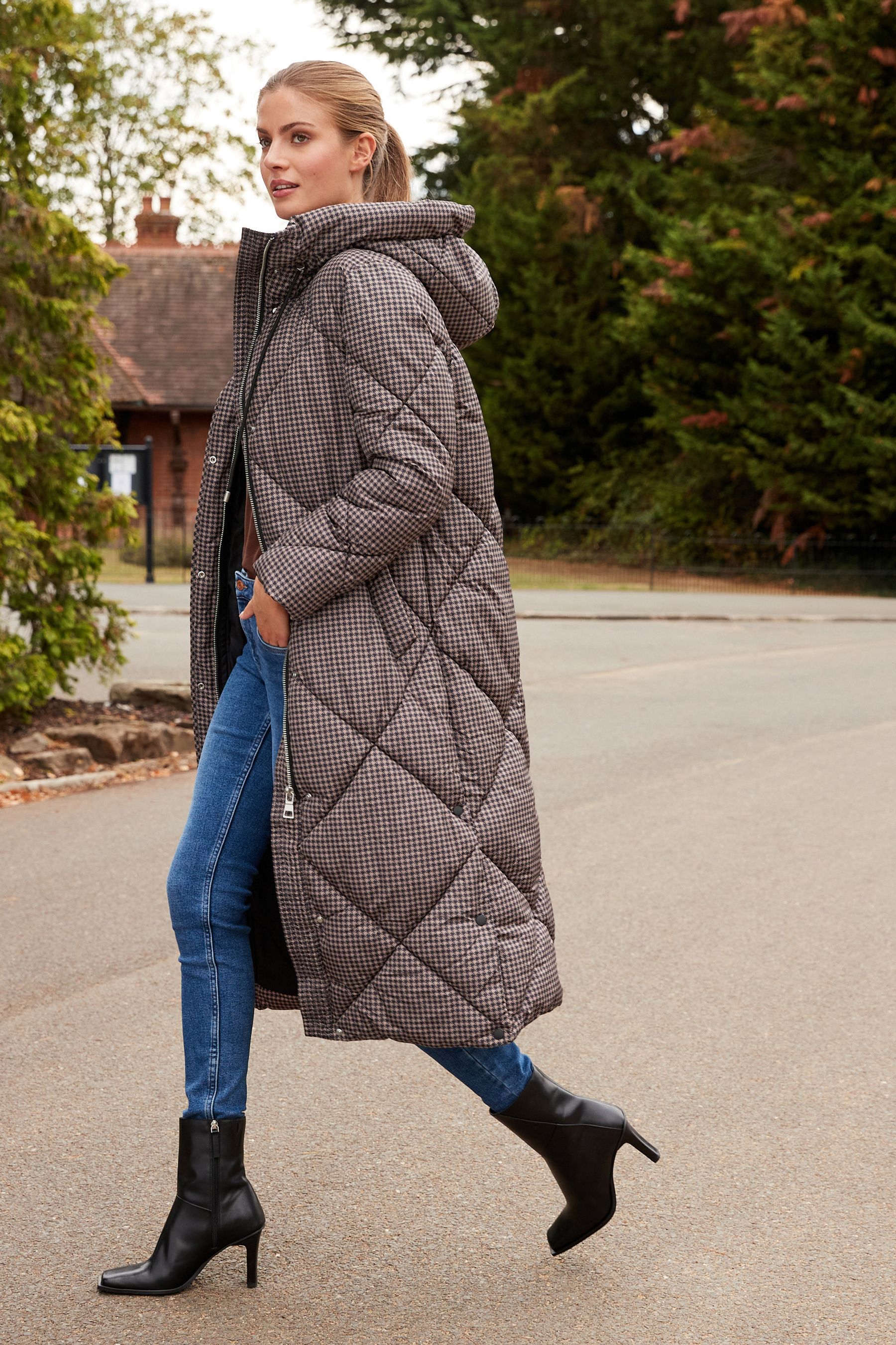 Buy Brown/Pink Houndstooth Long Diamond Quilted Showerproof Duvet Coat