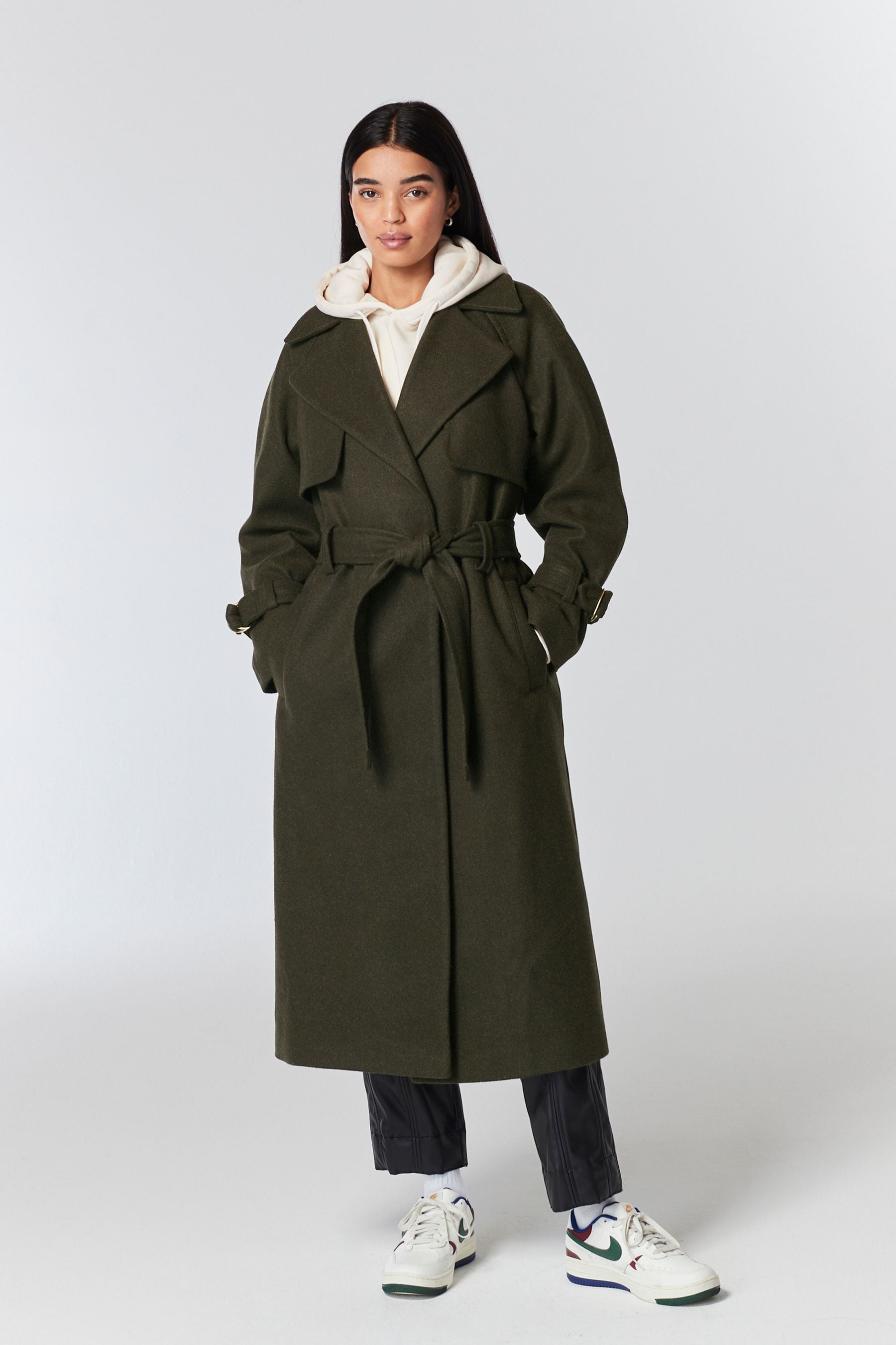 Khaki Green Belted Quilt Lined Trench Style Coat