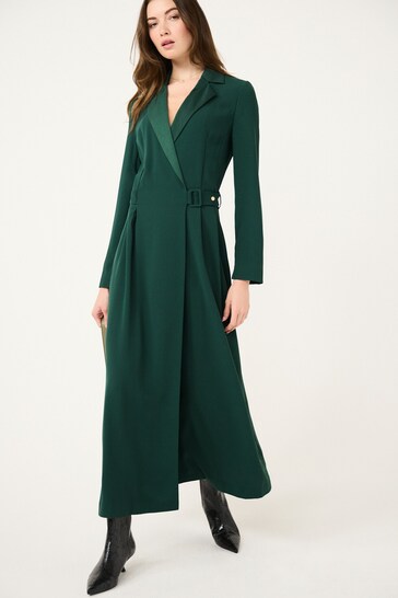 Green Long Sleeve Crepe Wrap Maxi Dress