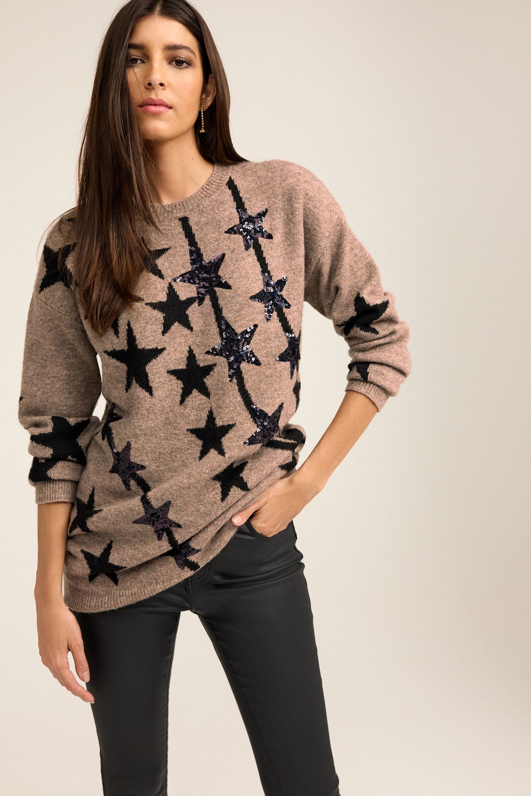 Buy Brown Longline Sequin Star Jumper from Next Ireland