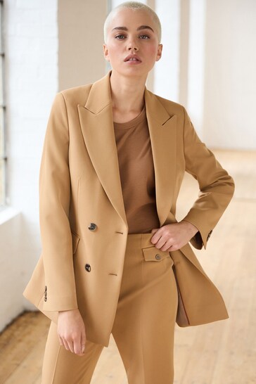 Camel Brown Tailored Crepe Double Breasted Blazer