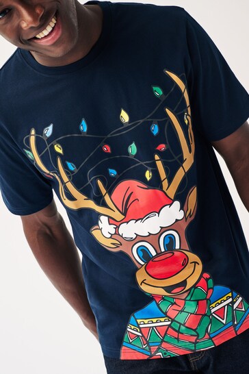 Navy Blue Reindeer Print Christmas T-Shirt