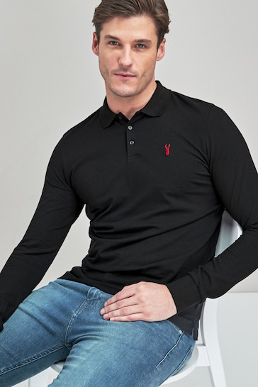 Black Long Sleeve Pique Polo Shirt