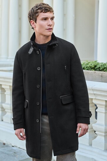 Black Wool Blend Four Pocket Funnel Neck Coat