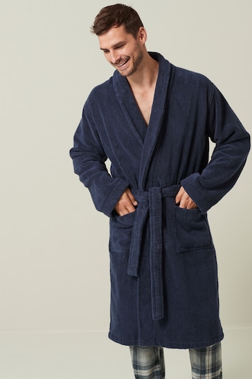 Navy Blue Signature Pure Cotton Towelling Dressing Gown