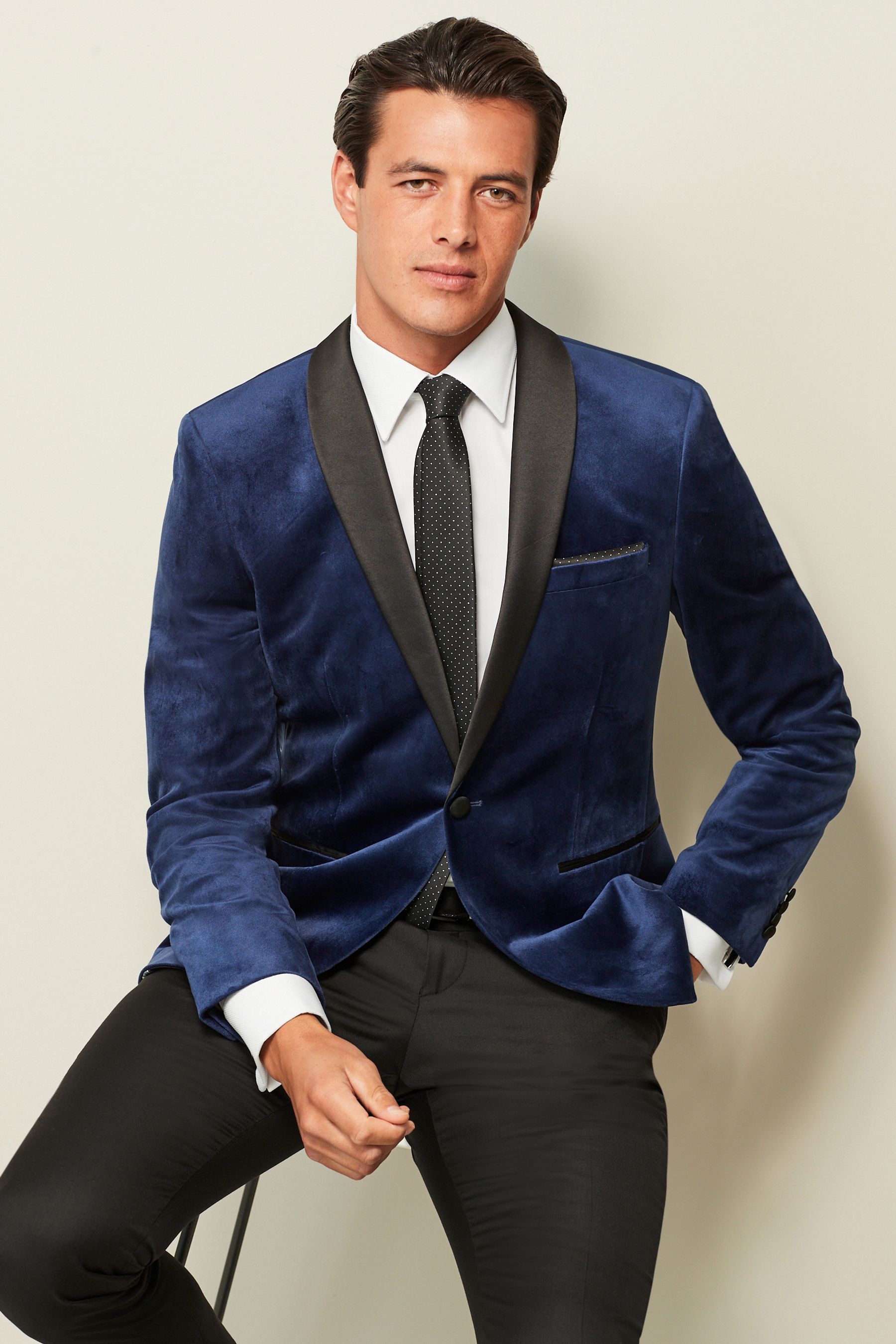 Dark Navy Blue Slim Velvet Blazer