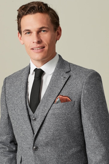 Grey Nova Fides Italian Fabric Herringbone Textured Wool Blend Suit Jacket