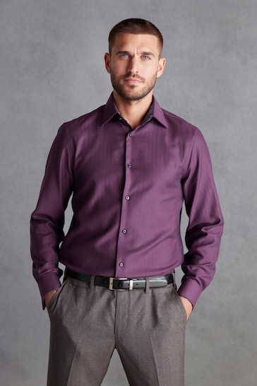 Purple Herringbone Regular Fit Signature Textured Trimmed Formal Shirt