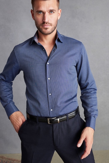 Navy Blue Slim Fit Double Cuff Signature Textured Trimmed Formal Shirt