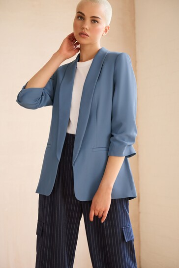 Blue Relaxed Ruched Sleeve Blazer