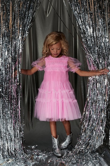 Pink Tulle Mesh Puff Sleeve Occasion Party Dress (3-16yrs)