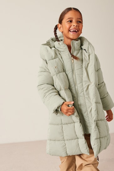 Khaki Green Square Quilted Skirted Padded Coat (3-16yrs)