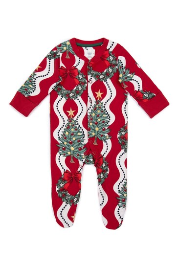 Chelsea Peers Red Kids' Recycled Fibre Wreath & Tree Stripe Print Sleepsuit