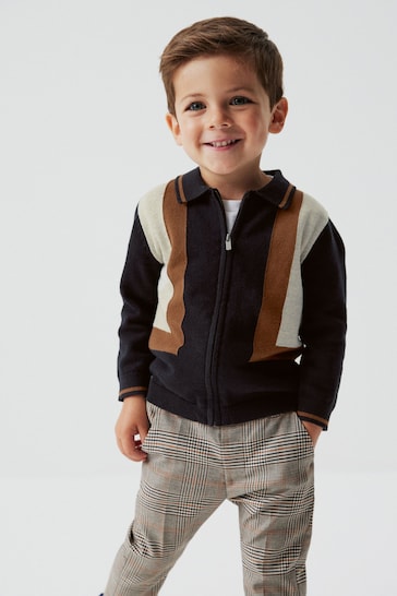 Black/Tan Brown Colourblock Long Sleeve Patterned Knit Polo Shirt (3mths-7yrs)