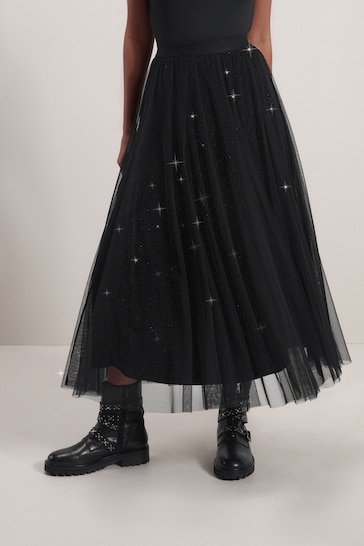 Black Velvet Mesh Midi Skirt