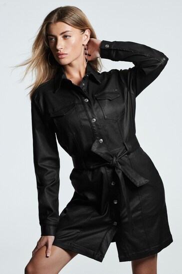 Black Coated Denim Mini Belted Shirt Dress