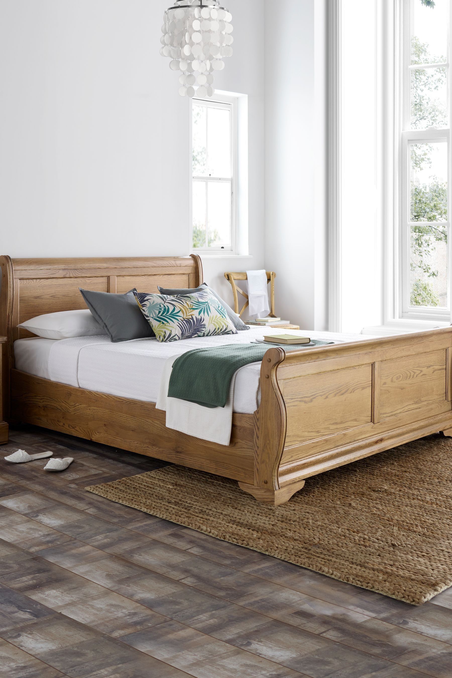 Light oak sleigh shop bed