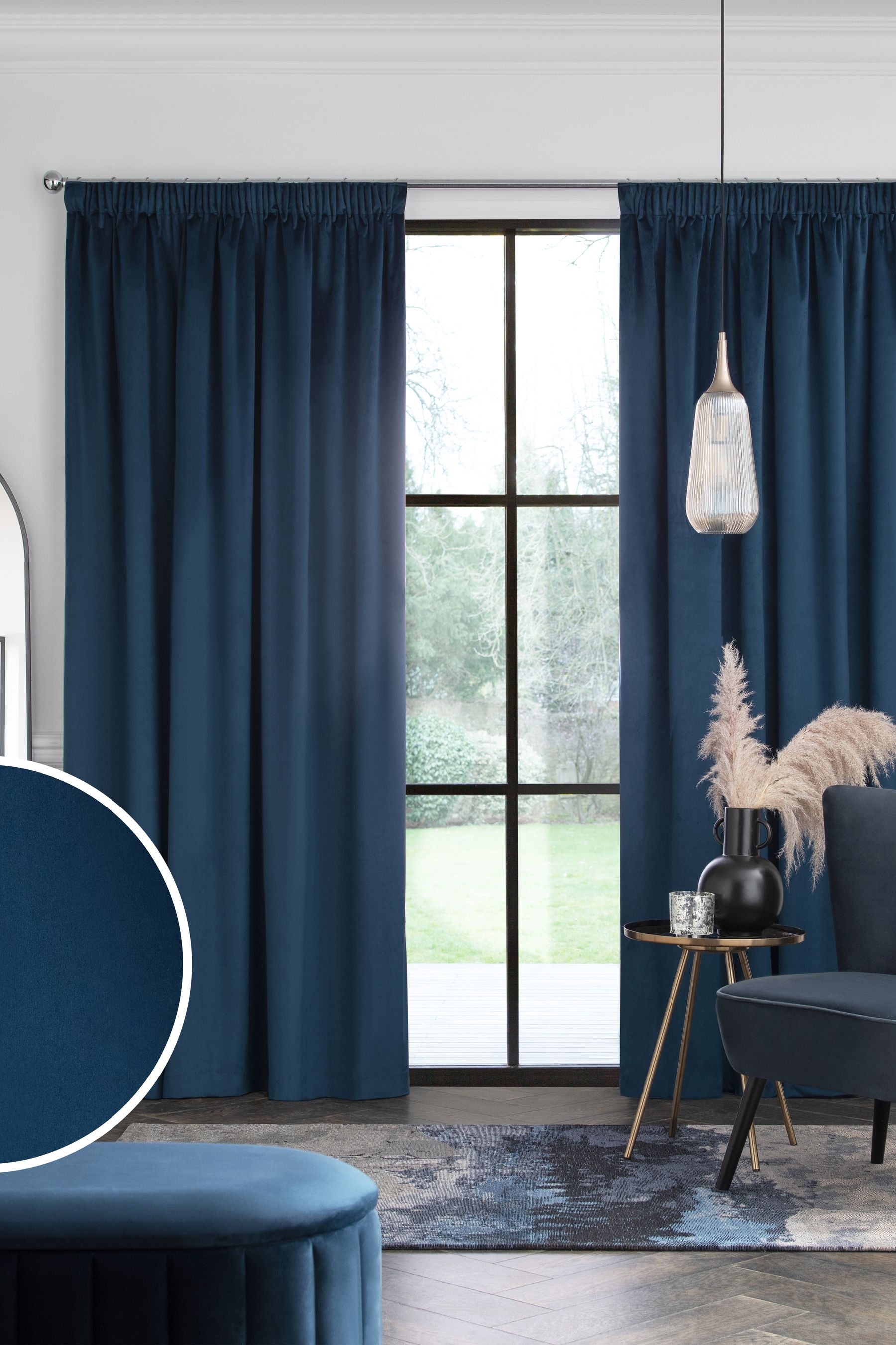 Navy Blue Matte Velvet Pencil Pleat Blackout Thermal Curtains