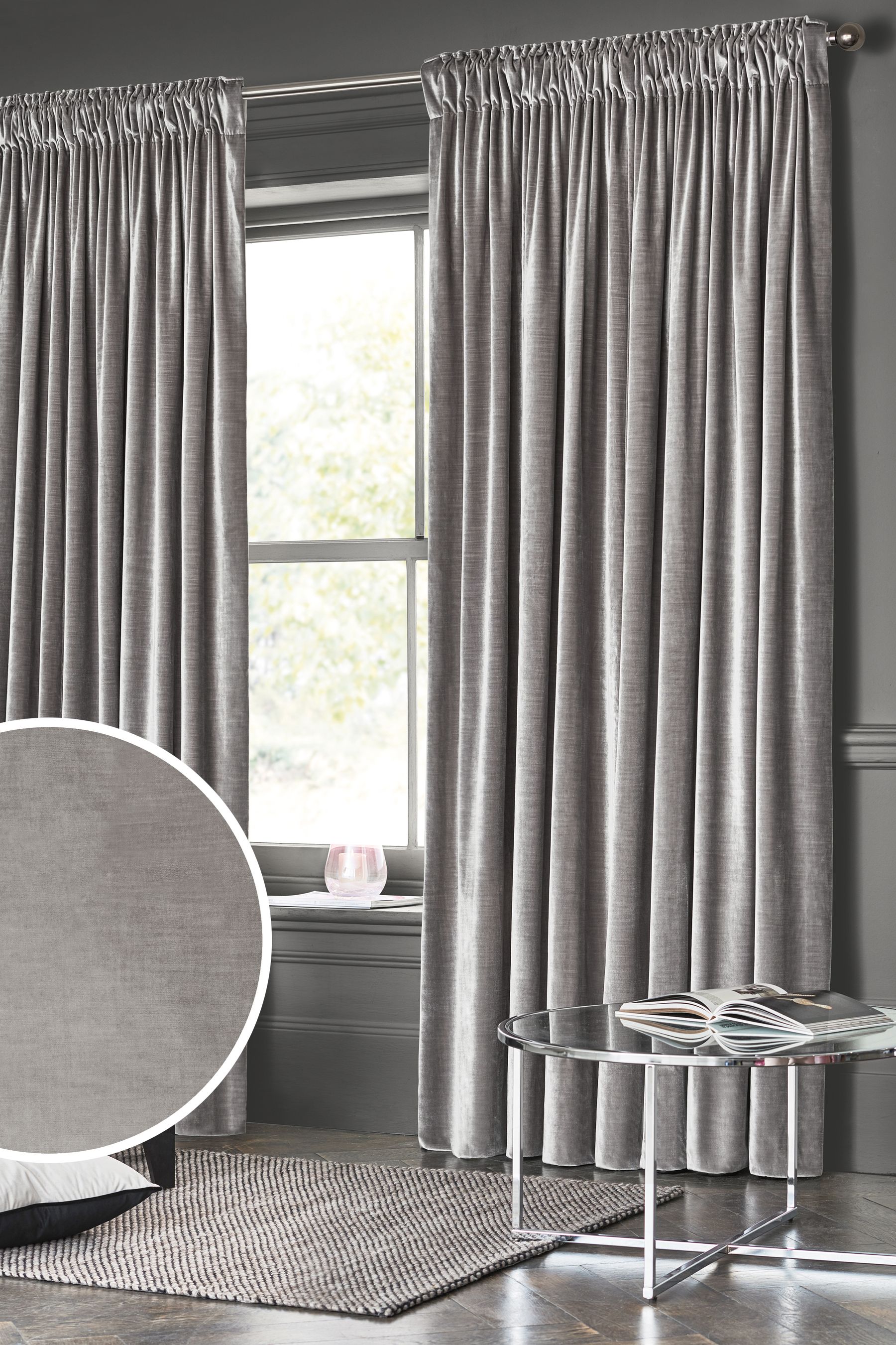 Silver velvet shop curtains