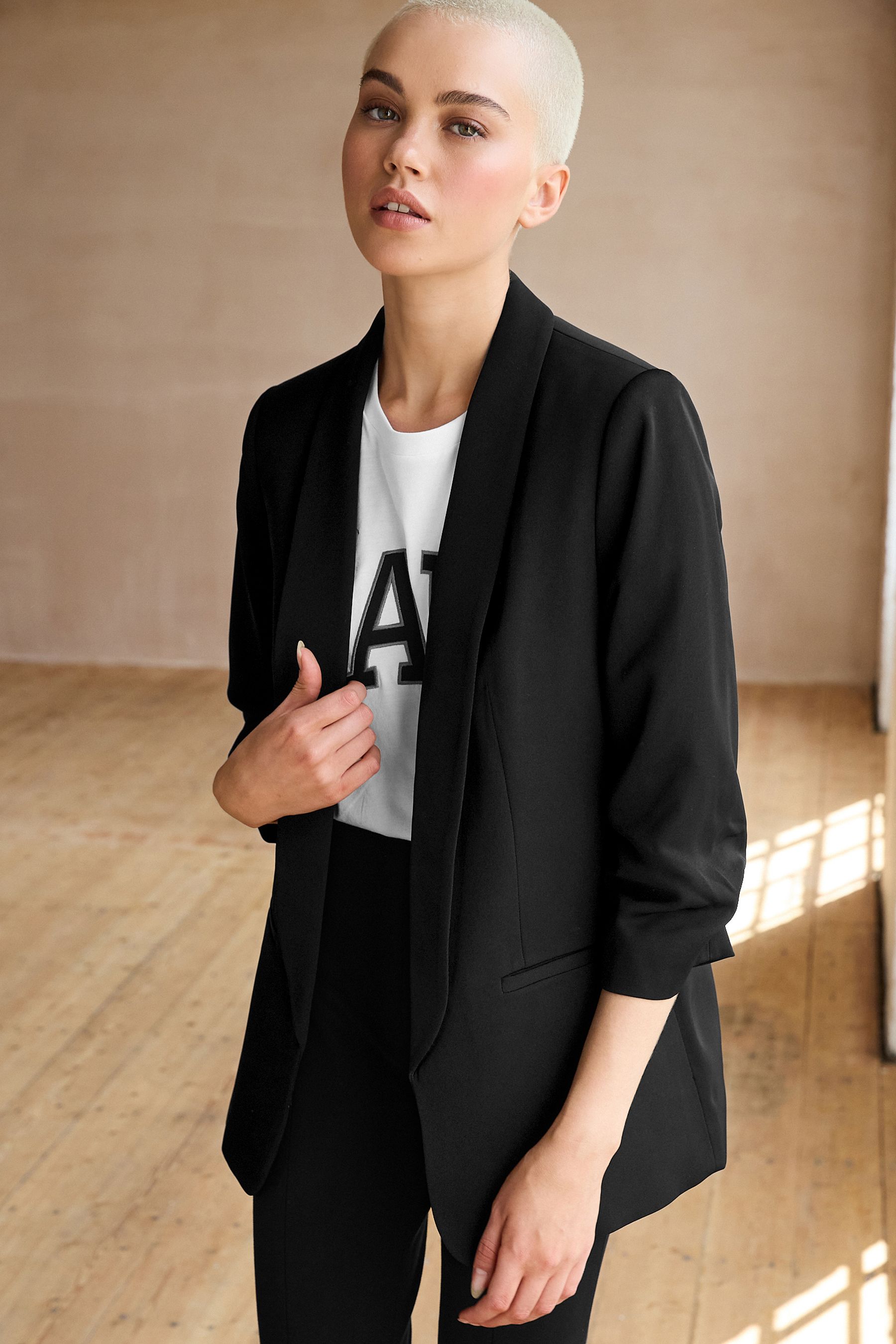 Black blazer online ruched sleeves