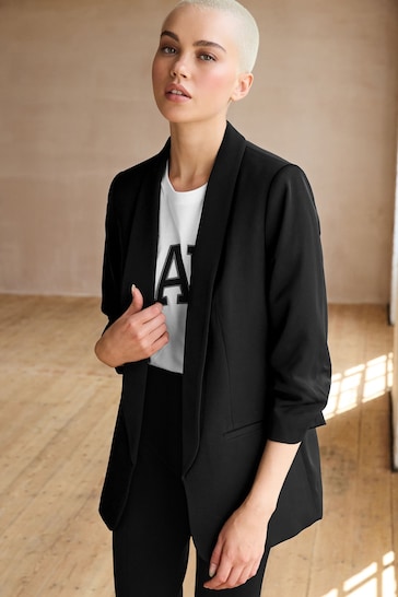 Black Relaxed Ruched Sleeve Blazer