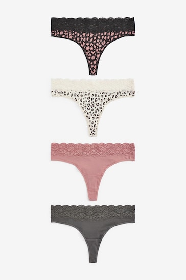 Black/Grey/Pink/Cream Printed Thong Cotton and Lace Knickers 4 Pack