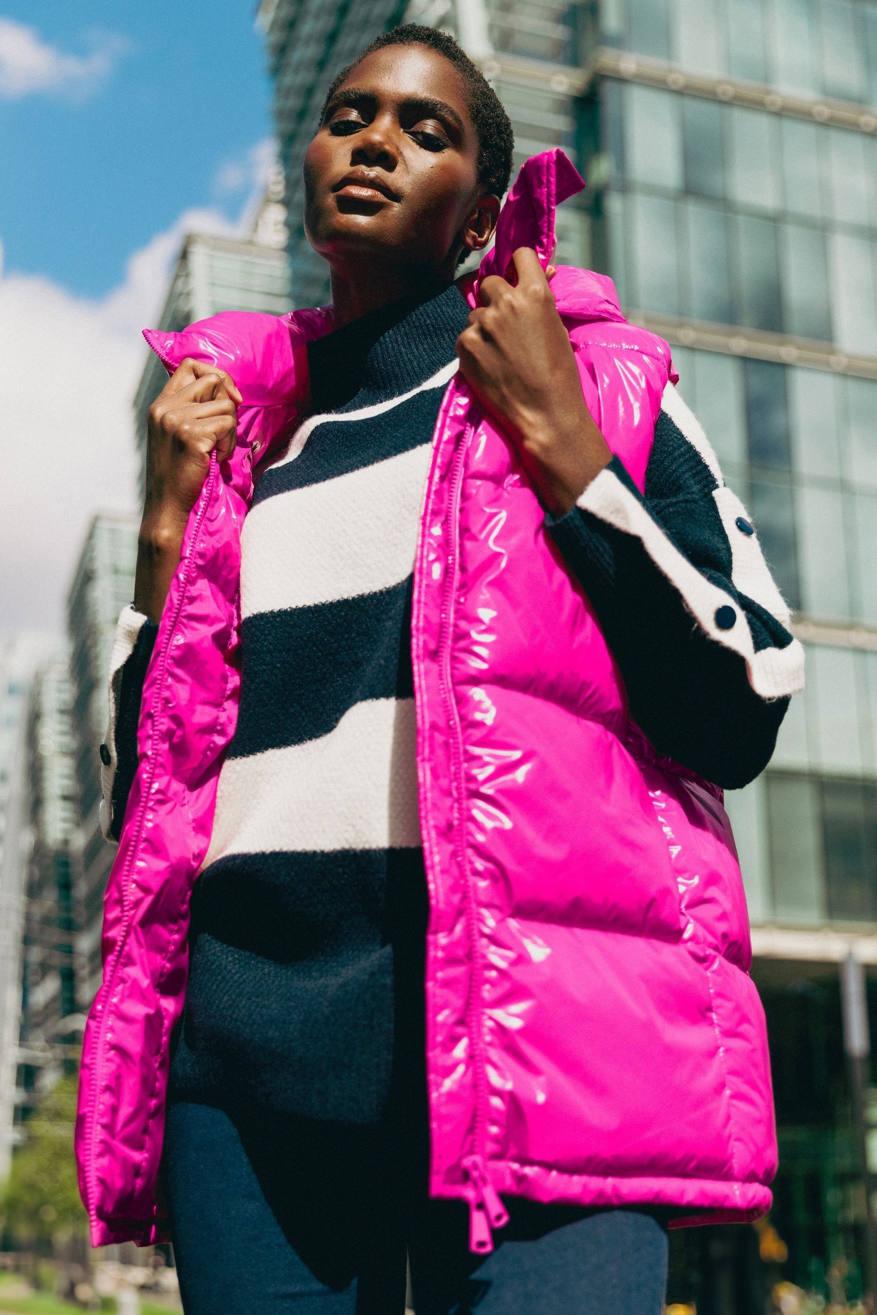 Buy Roman Pink Hi Shine Padded Gilet with Hood from the Next UK