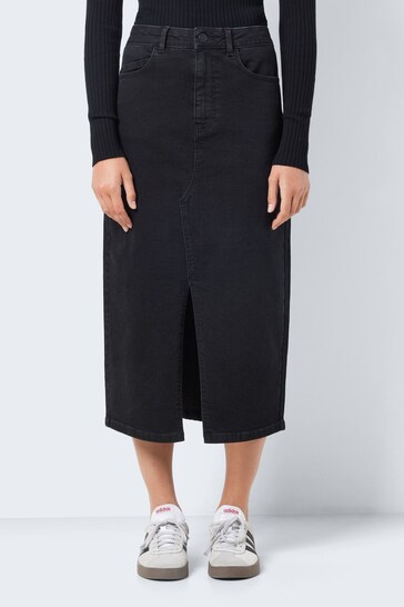 NOISY MAY Black Split Front Denim Midi Skirt