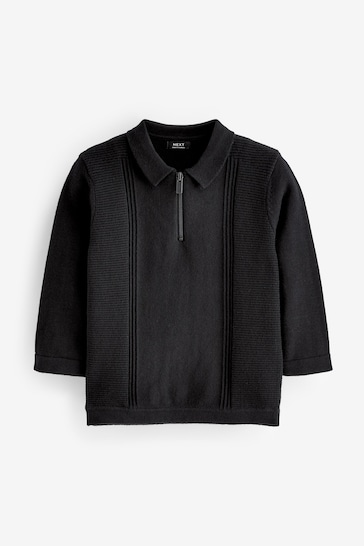 Black Long Sleeve Zip Neck Textured Polo Shirt (3mths-7yrs)