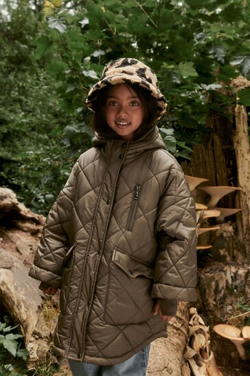 Khaki Green Shower Resistant Oversized Quilted Coat (3-16yrs)