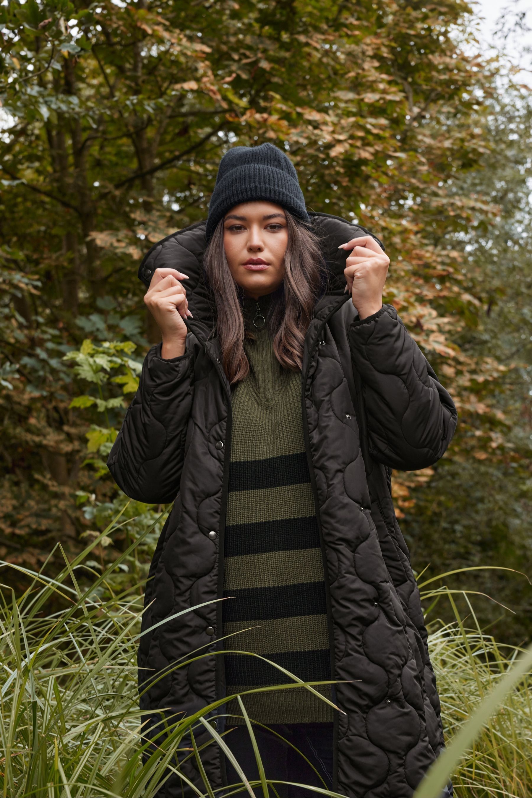 Long black quilted coat deals