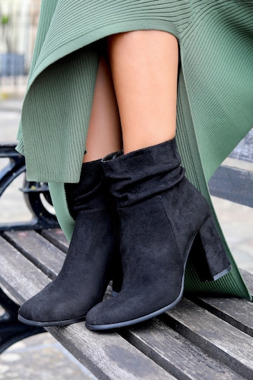 Linzi Black Mila Faux Suede Ruched Square Toe Block Heel Boots