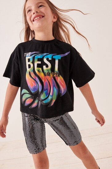 Black Rainbow Graphic T-Shirt And Sequin Cycling Shorts (3-16yrs)