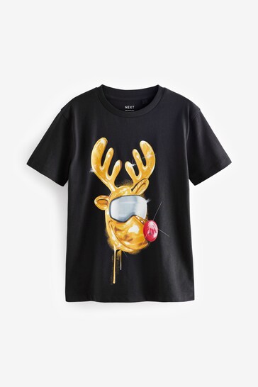 Black Reindeer Short Sleeve Christmas T-Shirt (3-16yrs)