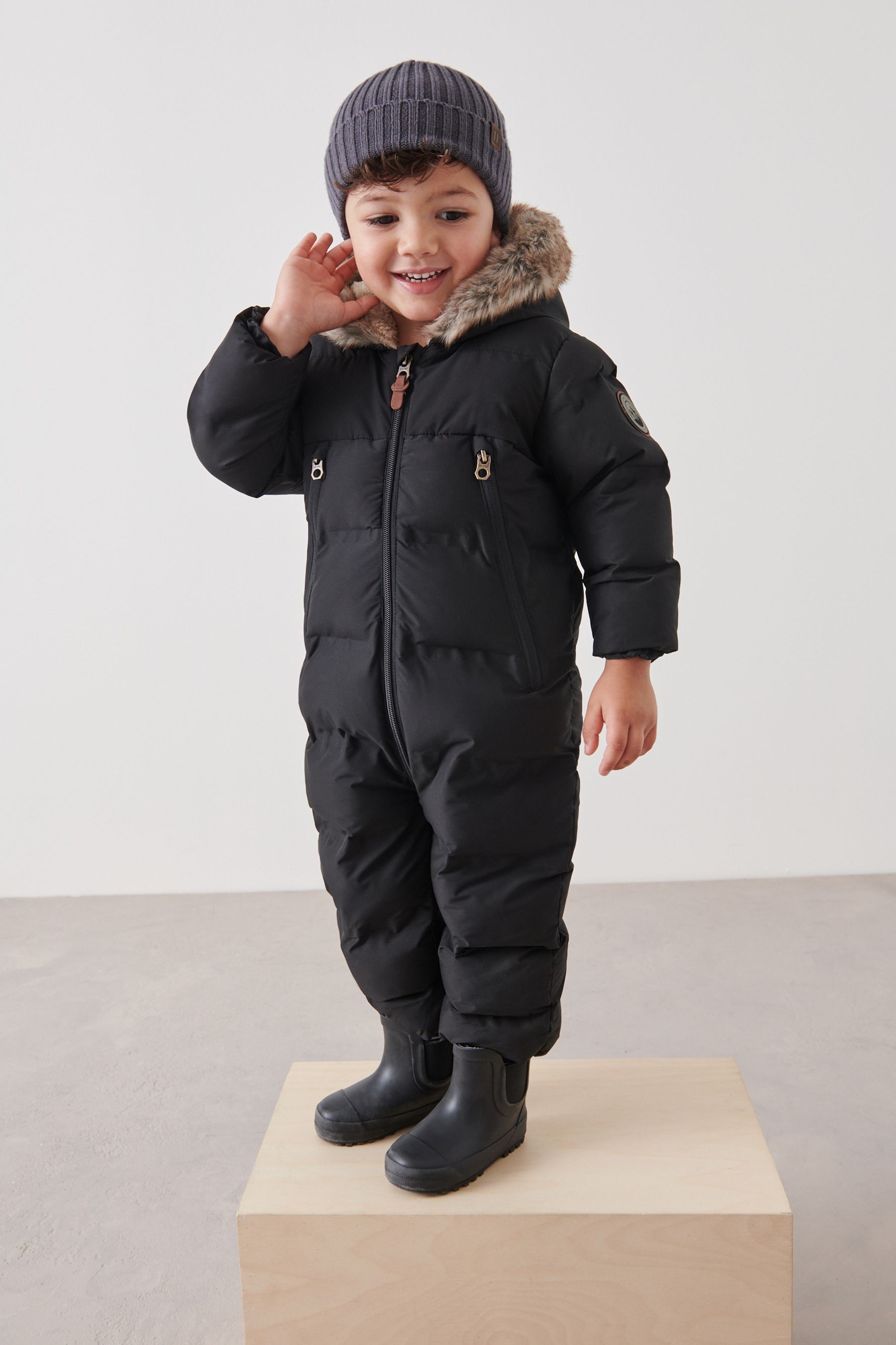 Buy Black Snowsuit With Faux Fur Hood Trim 3mths 7yrs from the