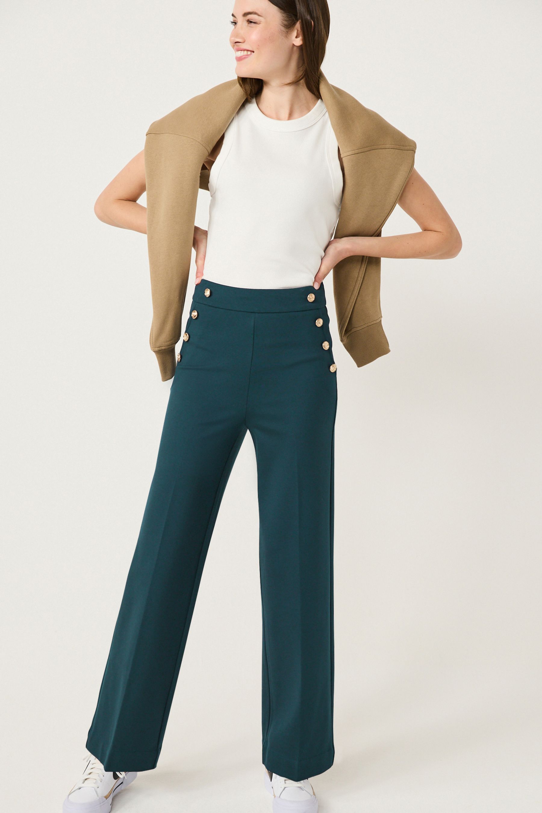 Teal Blue Ponte Button Wide Leg Trousers