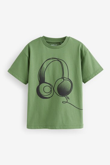 Green Linear Headphones Relaxed Fit Short Sleeve Graphic T-Shirt (3-16yrs)