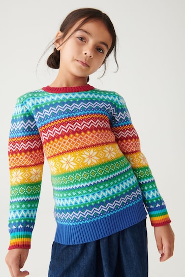 Little Bird by Jools Oliver Multi Childrens Rainbow Christmas Fairisle Knitted Jumper