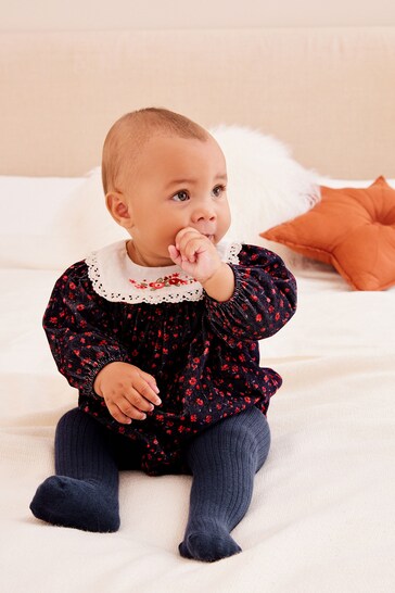 Navy Embroided Flower Baby Woven Corduroy Bloomer Romper with Tight Set (0mths-3yrs)