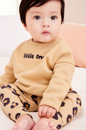 Brown Leopard Print Slogan Baby Cosy Sweater And Leggings 2 Piece Set