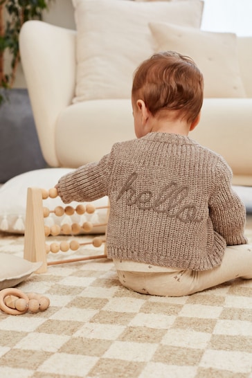 Brown Brown Chunky Knitted Embroidered Baby Cardigan