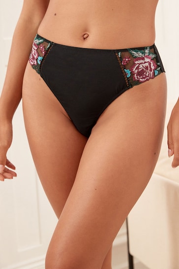 Black Winter Bloom Embroidered Brazilian Knickers